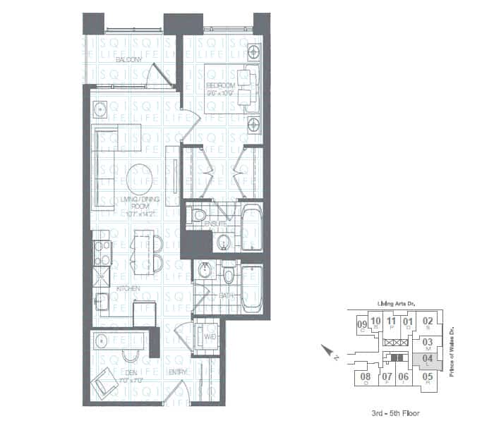 Limelight-Condo-365-Prince-Of-Wales-360-Square-One-Dr-Floorplan-Apple-1-Bed-1-Den-1-Bath