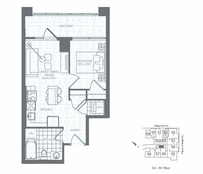 Limelight-Condo-365-Prince-Of-Wales-360-Square-One-Dr-Floorplan-Clover-1-Bed-1-Bath