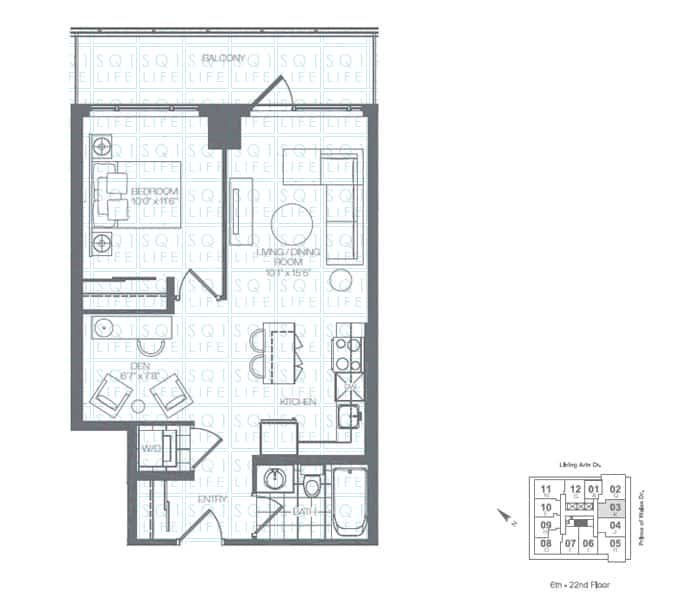 Limelight-Condo-365-Prince-Of-Wales-360-Square-One-Dr-Floorplan-Emerald-1-Bed-1-Den-1-Bath