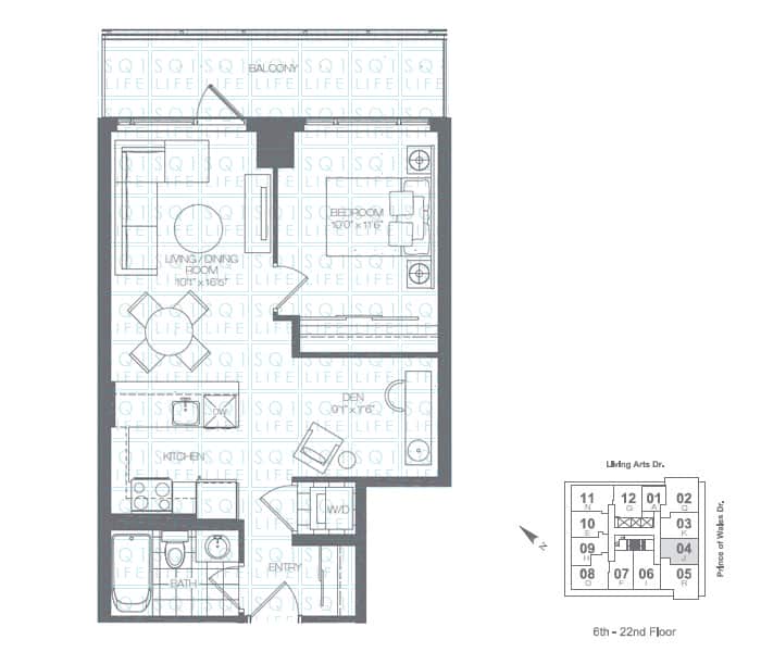 Limelight-Condo-365-Prince-Of-Wales-360-Square-One-Dr-Floorplan-Kelly-1-Bed-1-Den-1-Bath
